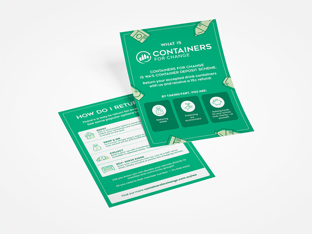 Mockup of A5 green flyers, explain what is Containers for Change. Background is grey.