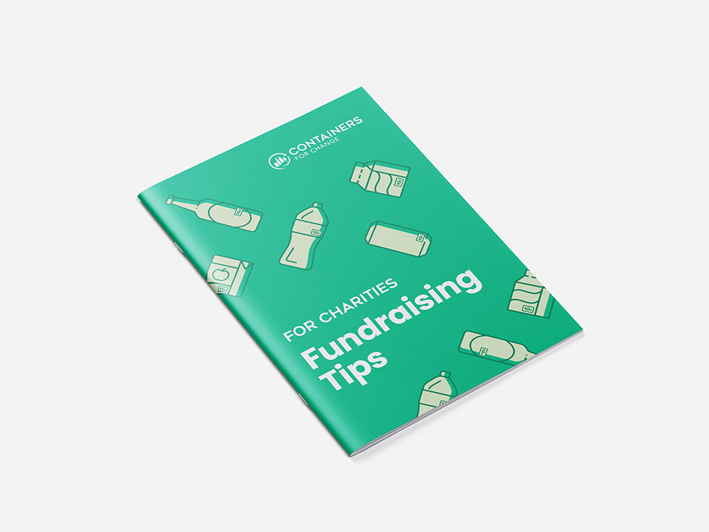 Mockup of the cover for the Fundraising Tips for Charities Guide. Cover is green on a grey background.